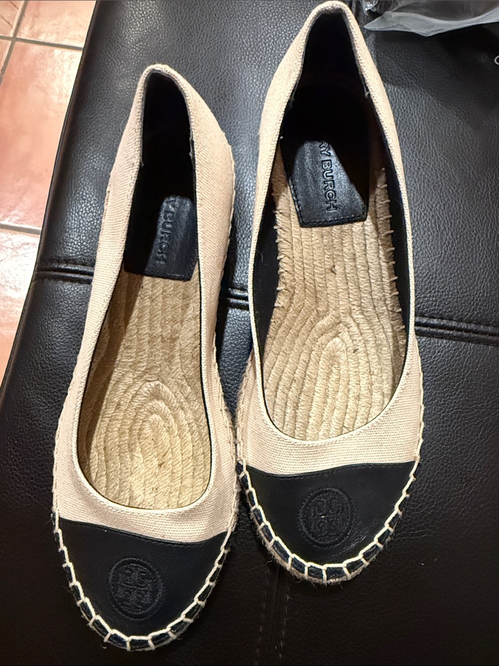 Tory Burch Beige Canvas and Black Leather-Toe Espadrille Flats
